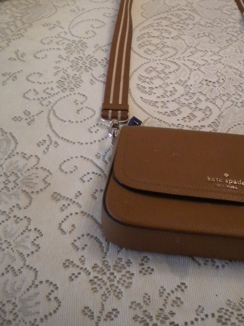 Kate Spade New York Brown Pebbled Leather Crossbody Bag Stripe Strap